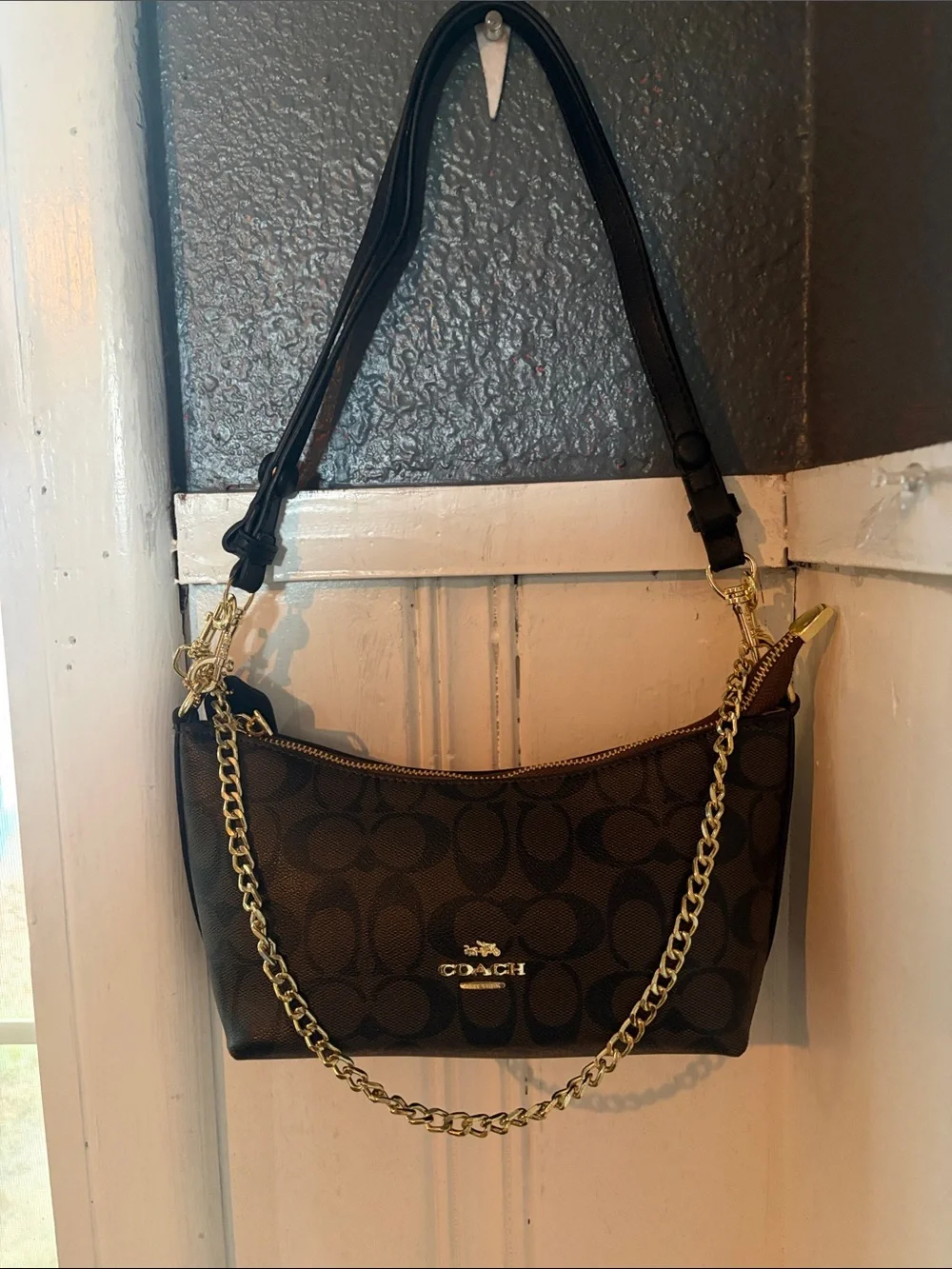 Coach Brown Signature Canvas Shoulder Bag with Gold Hardware